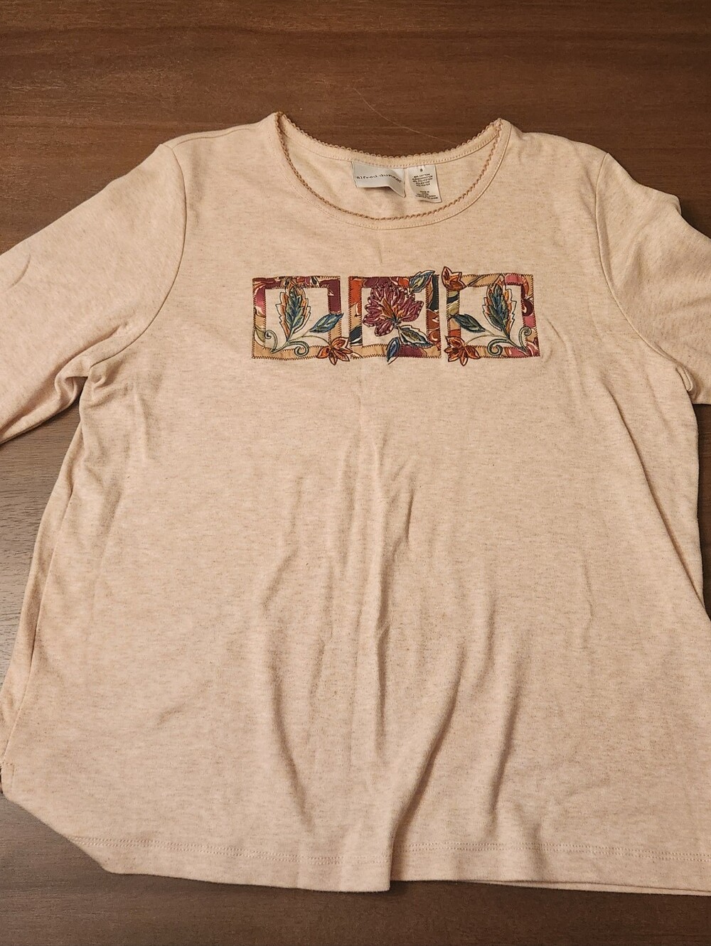 Alfred Dunner Cream 3/4 Length-Sleeve Tee with Floral Tile Motif